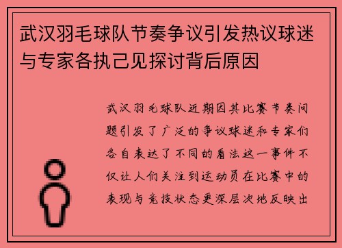 武汉羽毛球队节奏争议引发热议球迷与专家各执己见探讨背后原因